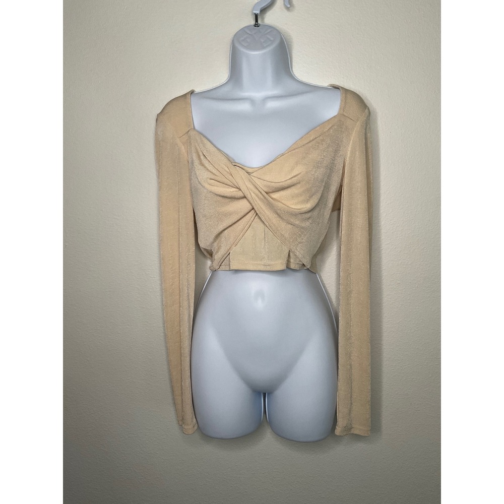 Mable Long Sleeve Twist Front Crop Top‎ Square Neck Beige Womens Size L